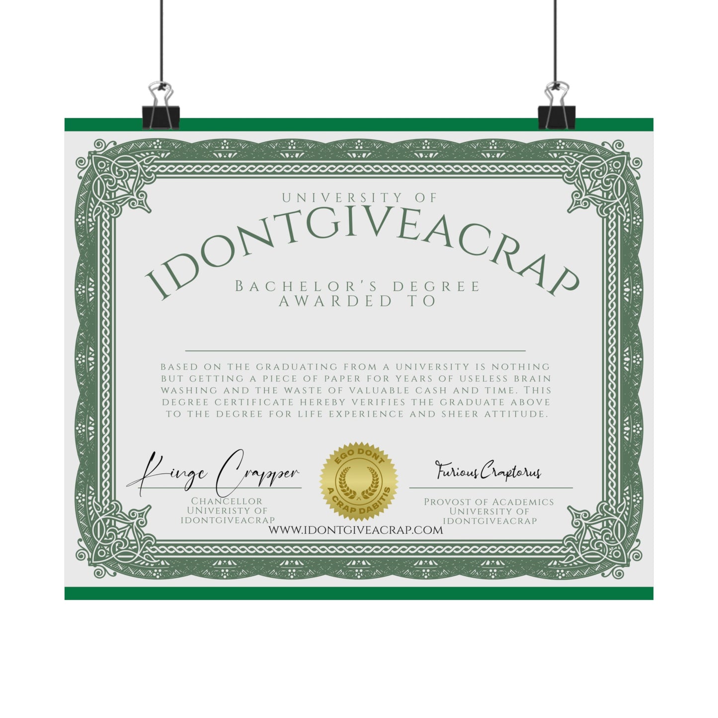 University of IDONTGIVEACRAP Bachelor's Degree