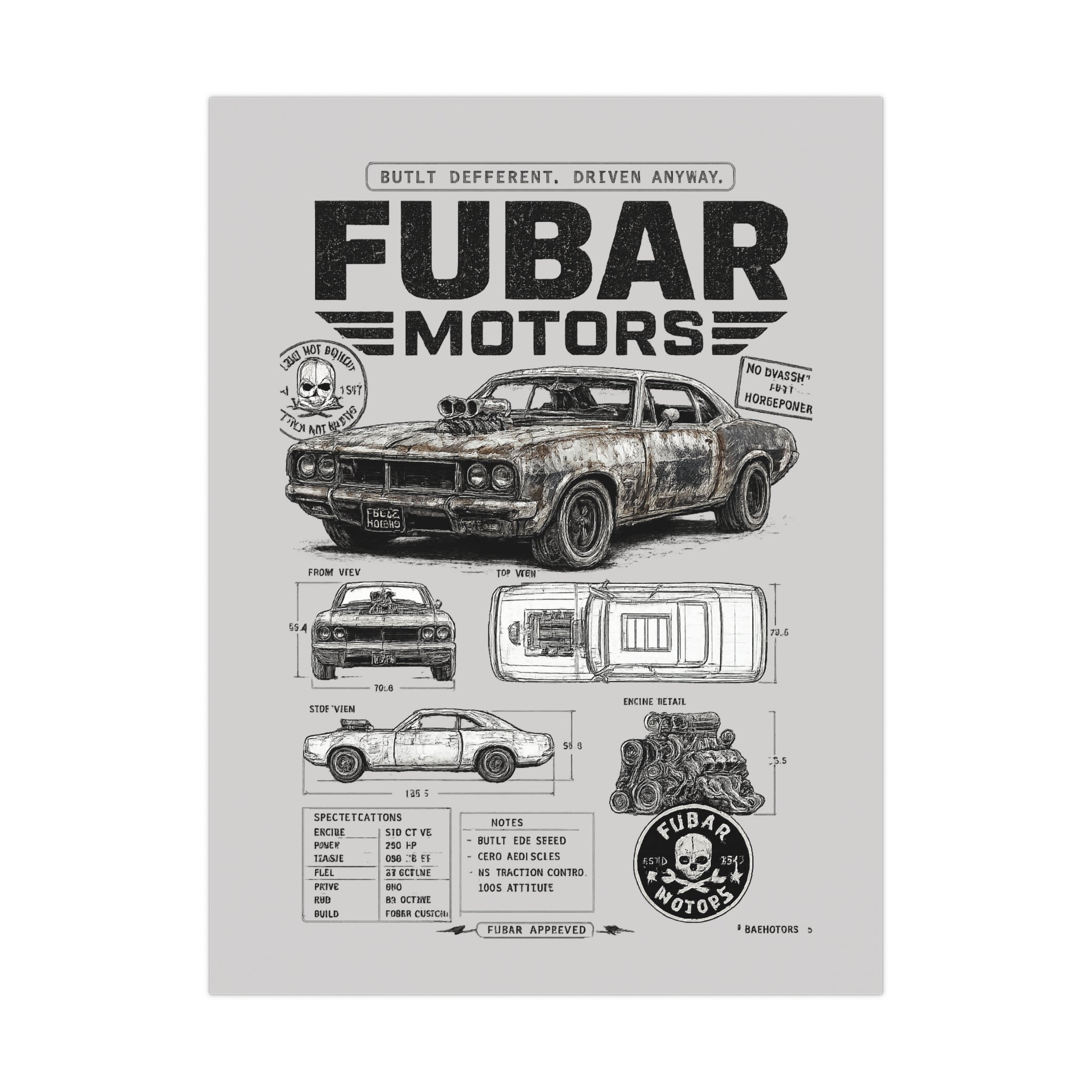 FUBAR Motors Vintage Muscle Car Poster — Matte Automotive Blueprint Wall Art