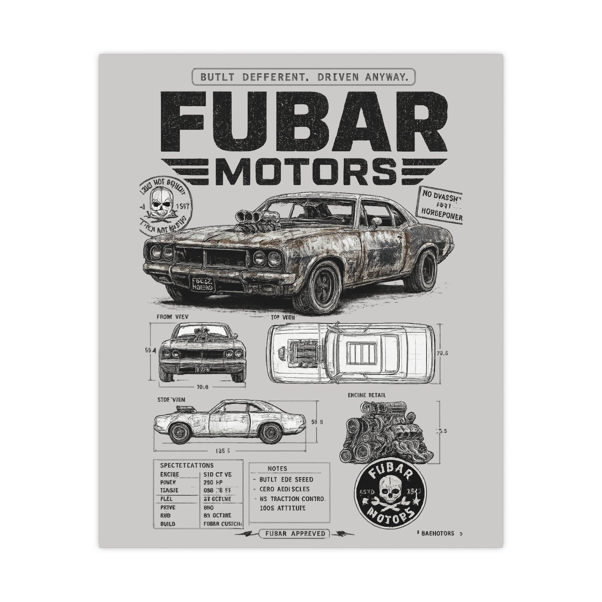 FUBAR Motors Vintage Muscle Car Poster — Matte Automotive Blueprint Wall Art
