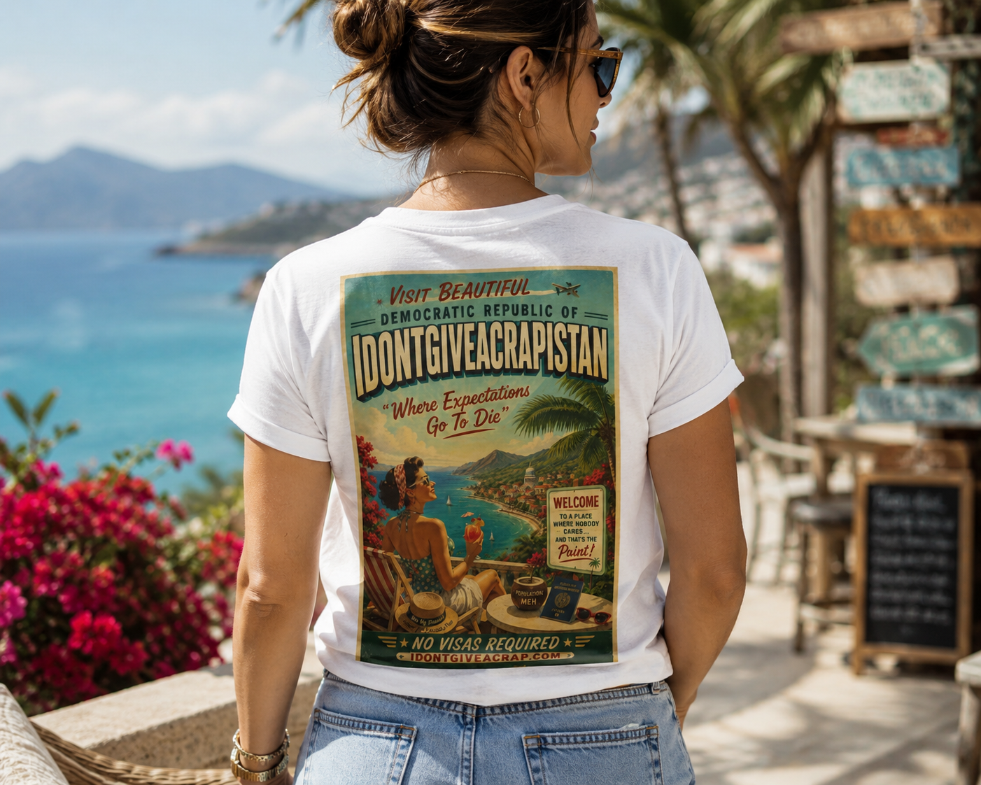 Women's Vintage Travel Poster Tee – "Visit Idontgiveacrapistan" Graphic T-Shirt