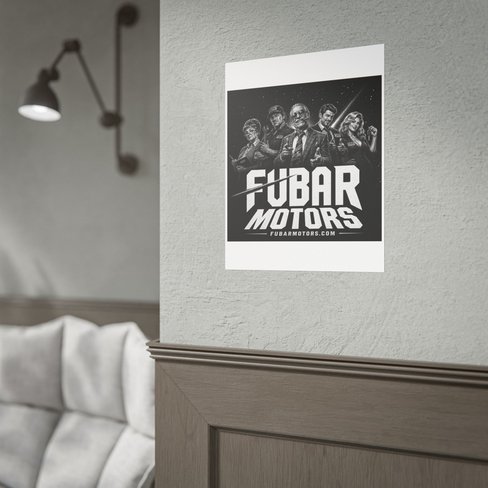 FUBAR Motors Crew Poster — Black & White Vintage Mechanic Wall Art