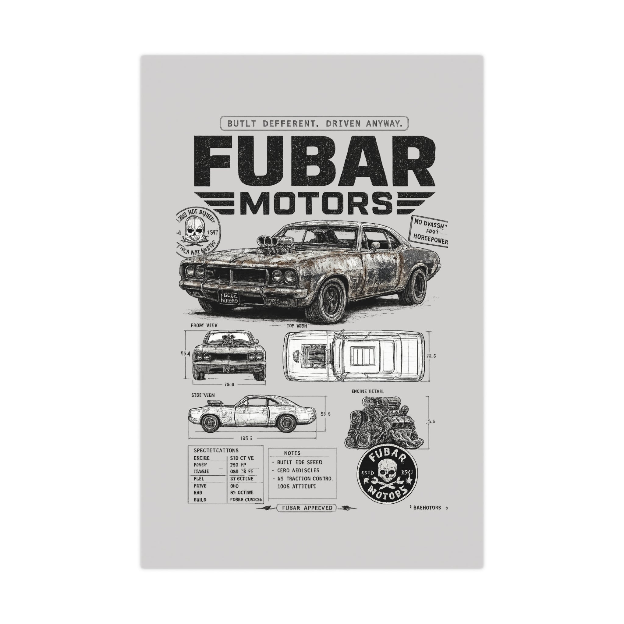 FUBAR Motors Vintage Muscle Car Poster — Matte Automotive Blueprint Wall Art