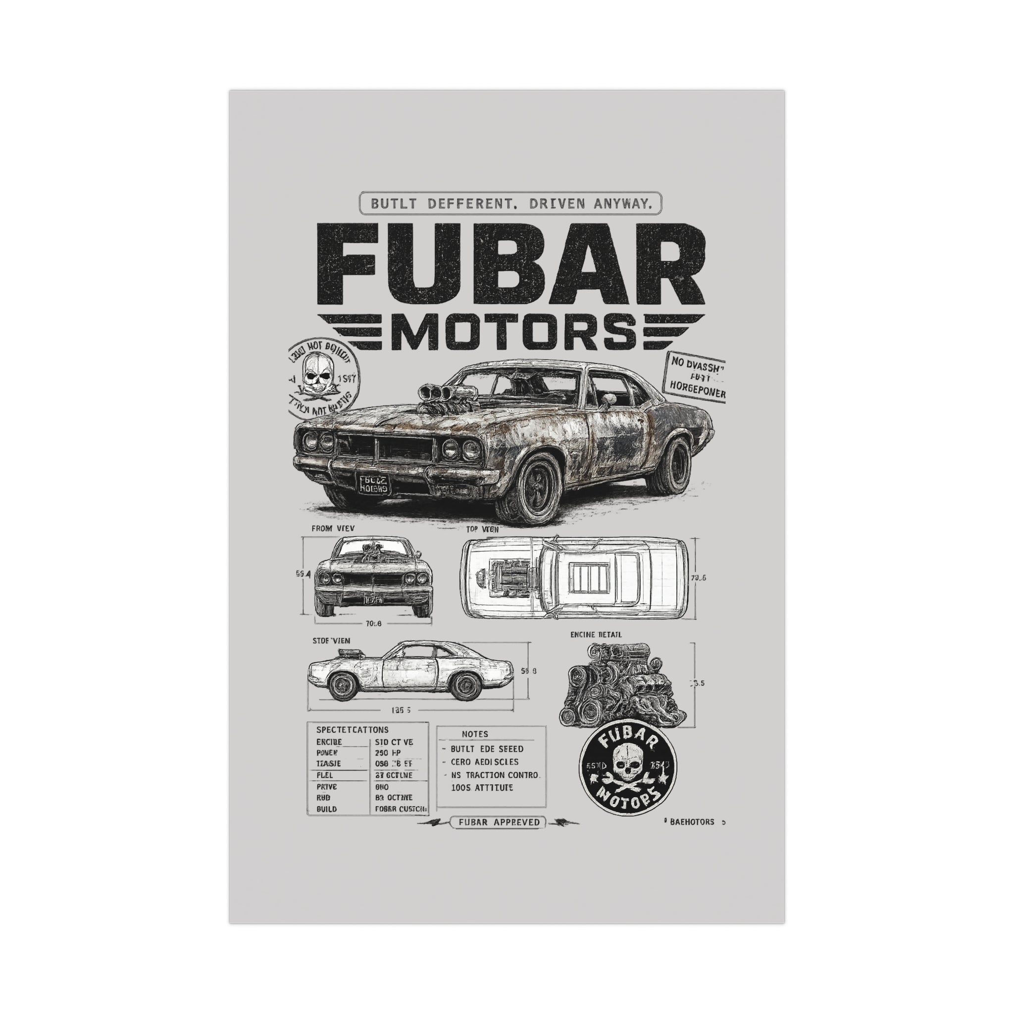 FUBAR Motors Vintage Muscle Car Poster — Matte Automotive Blueprint Wall Art