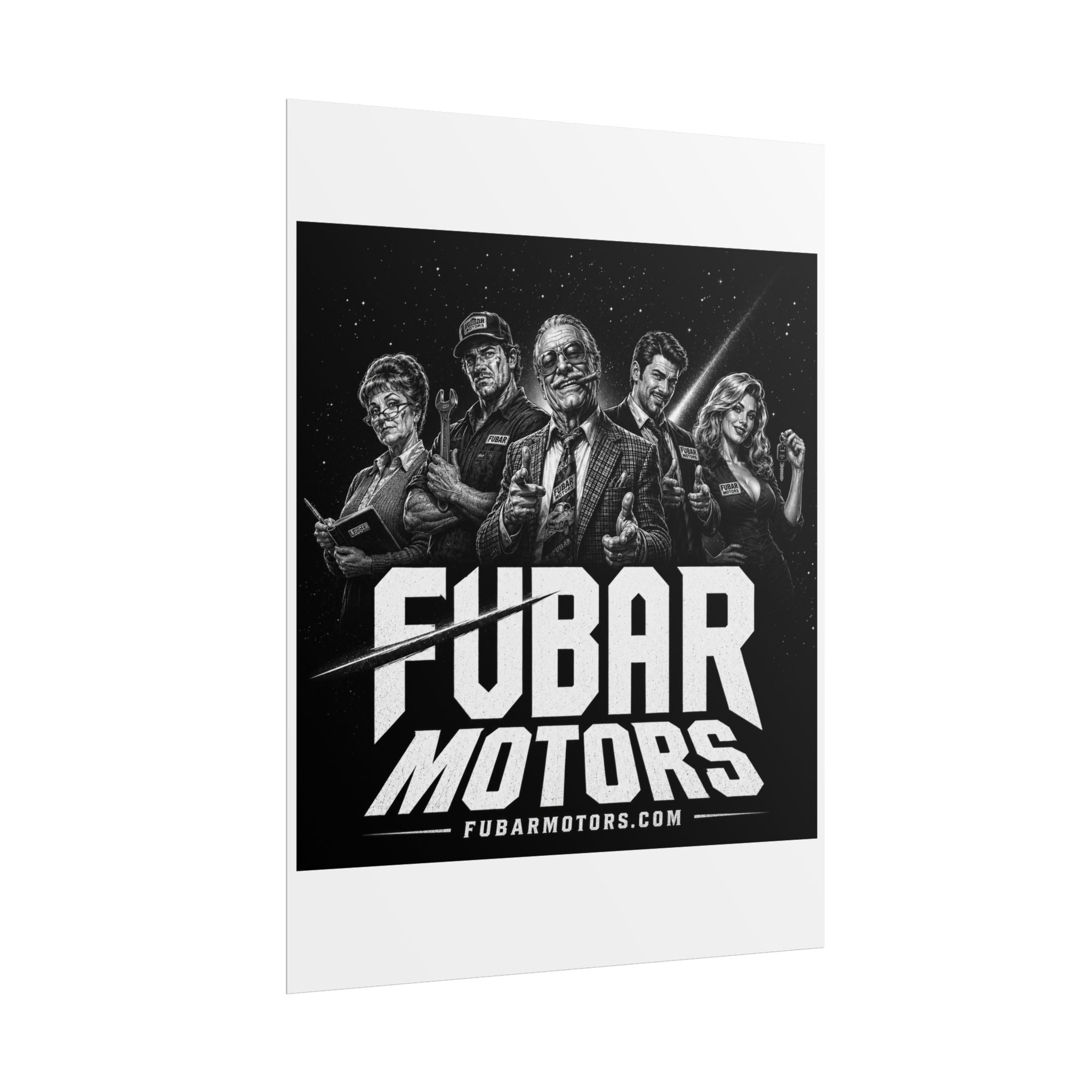 FUBAR Motors Crew Poster — Black & White Vintage Mechanic Wall Art